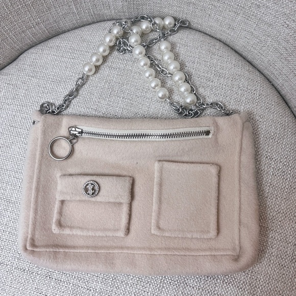 Elegant 100% Wool Beige Coat with Pearl Embellished Matching Bag - Size M - Picture 13 of 15